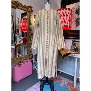 vintage ethnic style kaftan yellow pinstriped cotton knot closure med tunic boho